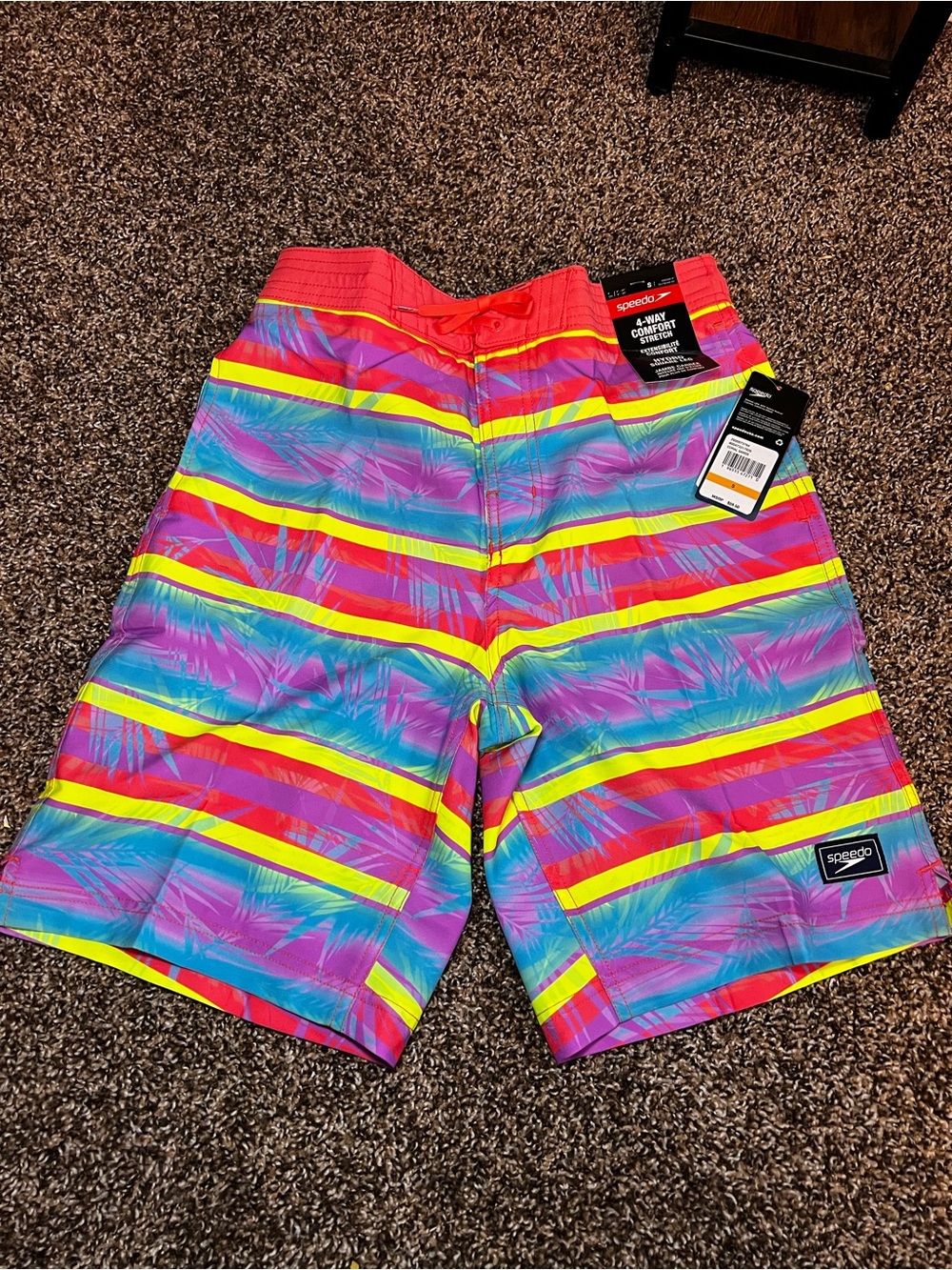 Speedo Men’s Neon Stripe Palm-Print Swim Shorts